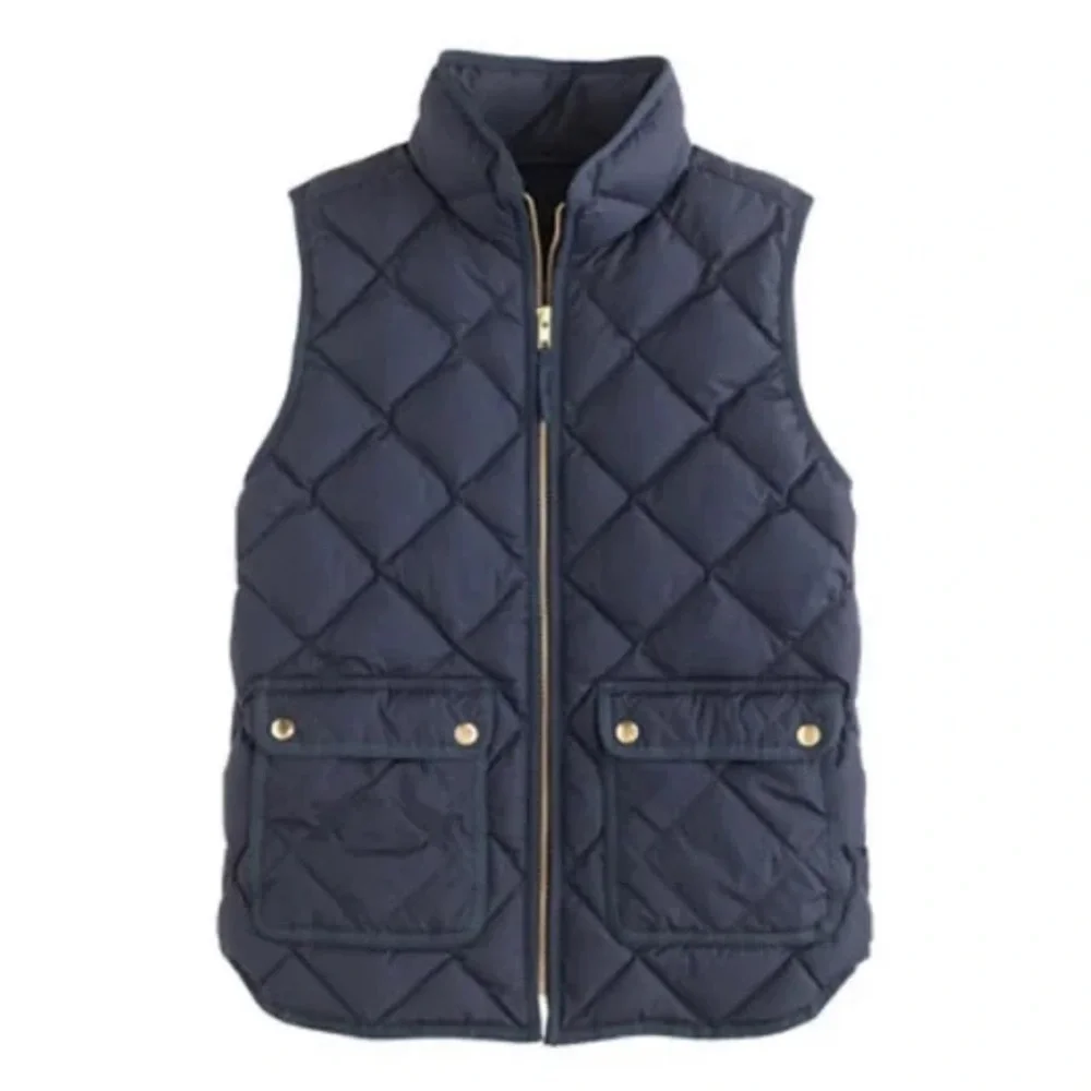 J. Crew Women’s Navy Blue Quilted DOWN Puffer Vest with Snap Pockets Zip-up